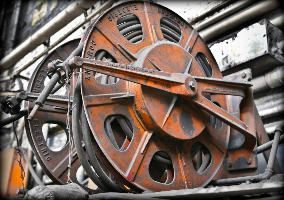 exceptional all original oversized c. 1930's american industrial chicago foundry wall-mount rotating air hose "aireel" with reinforced cast iron extended arm bracket