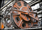 exceptional all original oversized c. 1930's american industrial chicago foundry wall-mount rotating air hose "aireel" with reinforced cast iron extended arm bracket