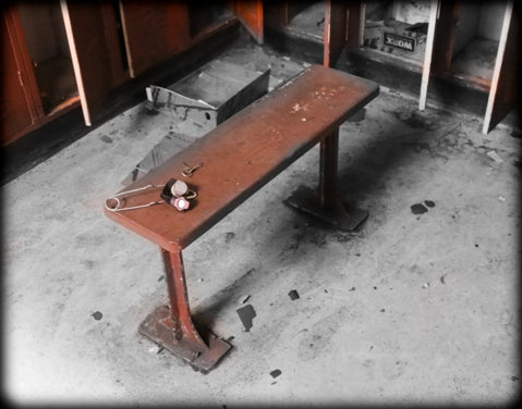 single highly desirable american depression era antique industrial "pollard brothers" brushed metal stationary factory locker room bench with maple wood seat