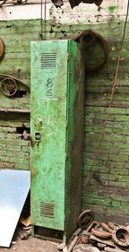 c. 1940's original vintage american industrial freestanding upright old "factory green" painted cold-rolled steel chicago foundry tool supply cabinet with louvered vents