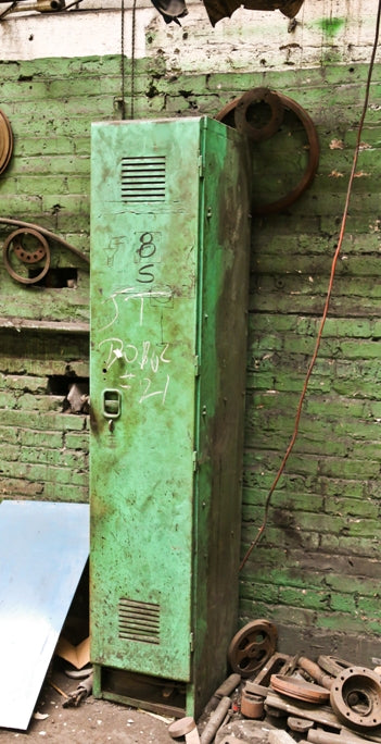 c. 1940's original vintage american industrial freestanding upright old "factory green" painted cold-rolled steel chicago foundry tool supply cabinet with louvered vents