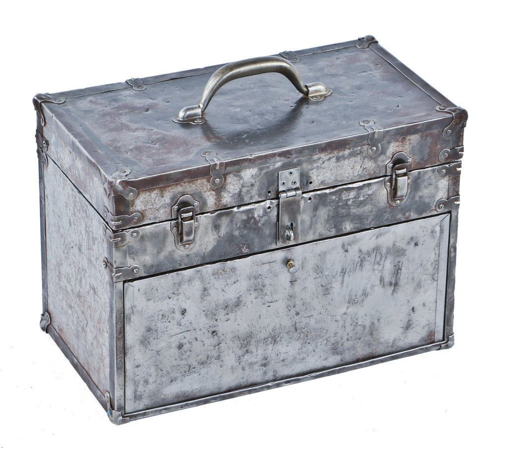 refinished american depression era chicago foundry machine shop reinforced metal tool chest with hinged top and intact interior circular-shaped mirror