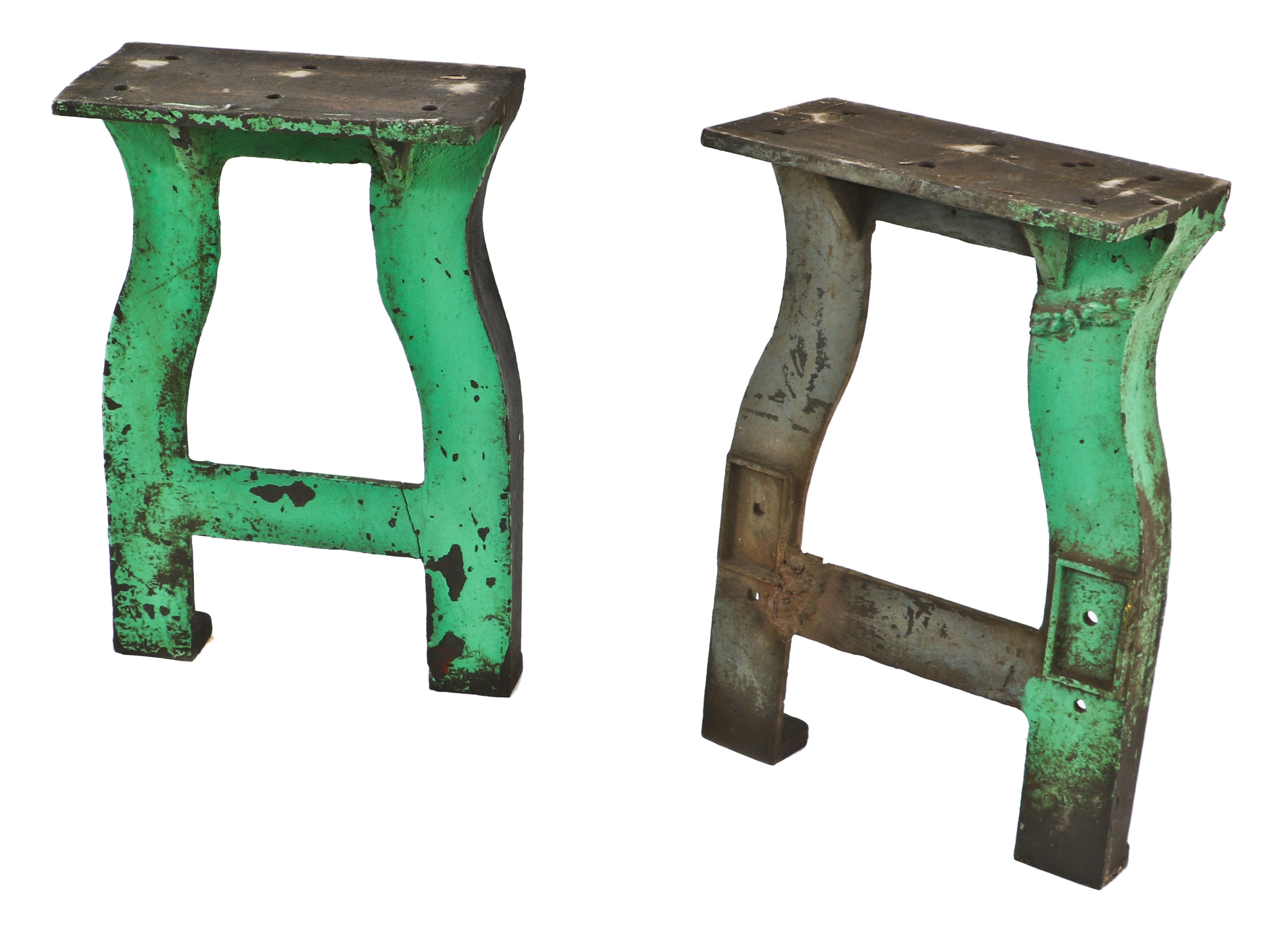 heavily reinforced original c. 1930's american industrial oversized "factory green" painted cast iron chicago foundry machine shop table or bench legs or bases