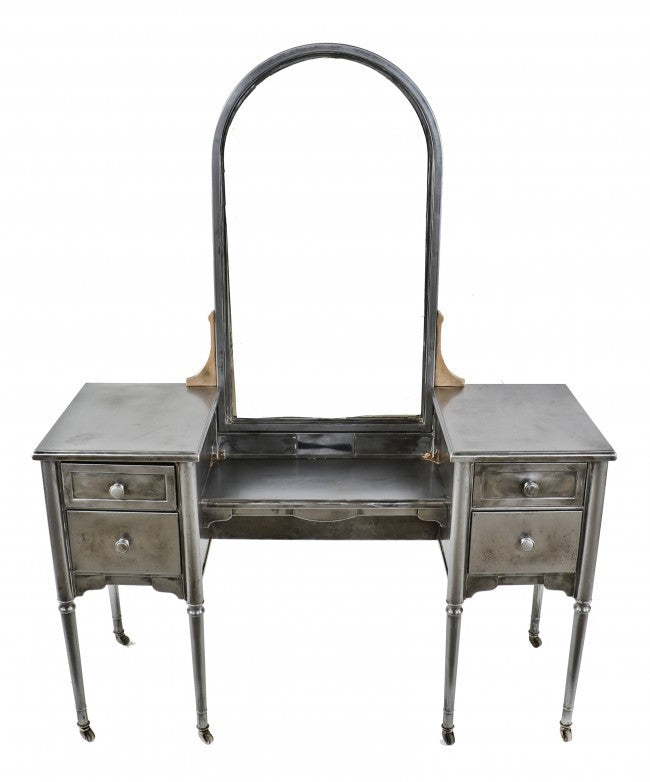 single depression era all original pressed and folded furniture sheet steel "simmons" hospital room mobile lowboy cabinet with intact oversized arch top mirror