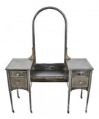 single depression era all original pressed and folded furniture sheet steel "simmons" hospital room mobile lowboy cabinet with intact oversized arch top mirror