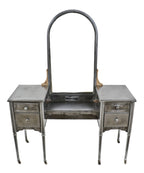 original c. 1930's completely refinished pressed and folded turned and tapered brushed steel "simmons" vanity with original tilting arch top mirror