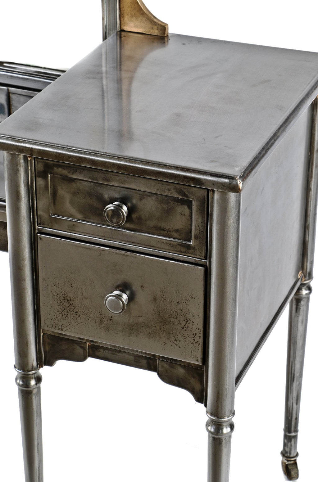 original c. 1930's completely refinished pressed and folded turned and tapered brushed steel "simmons" vanity with original tilting arch top mirror