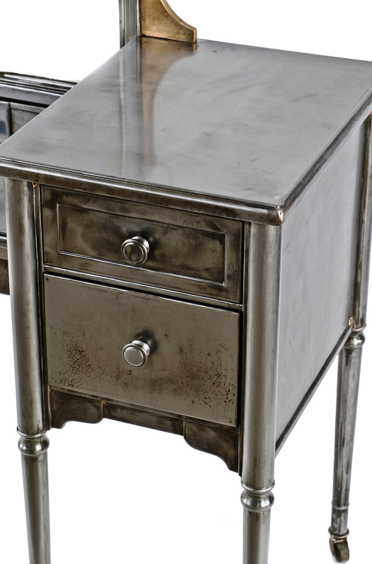 original c. 1930's completely refinished pressed and folded turned and tapered brushed steel "simmons" vanity with original tilting arch top mirror