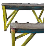 two matching incredibly heavy duty original late 1930's american industrial weathered and worn painted all-welded joint foundry steel sawhorse bases