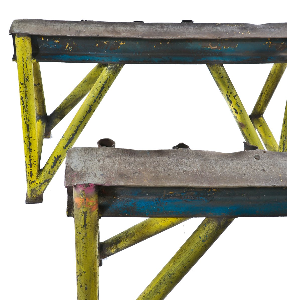 two matching incredibly heavy duty original late 1930's american industrial weathered and worn painted all-welded joint foundry steel sawhorse bases