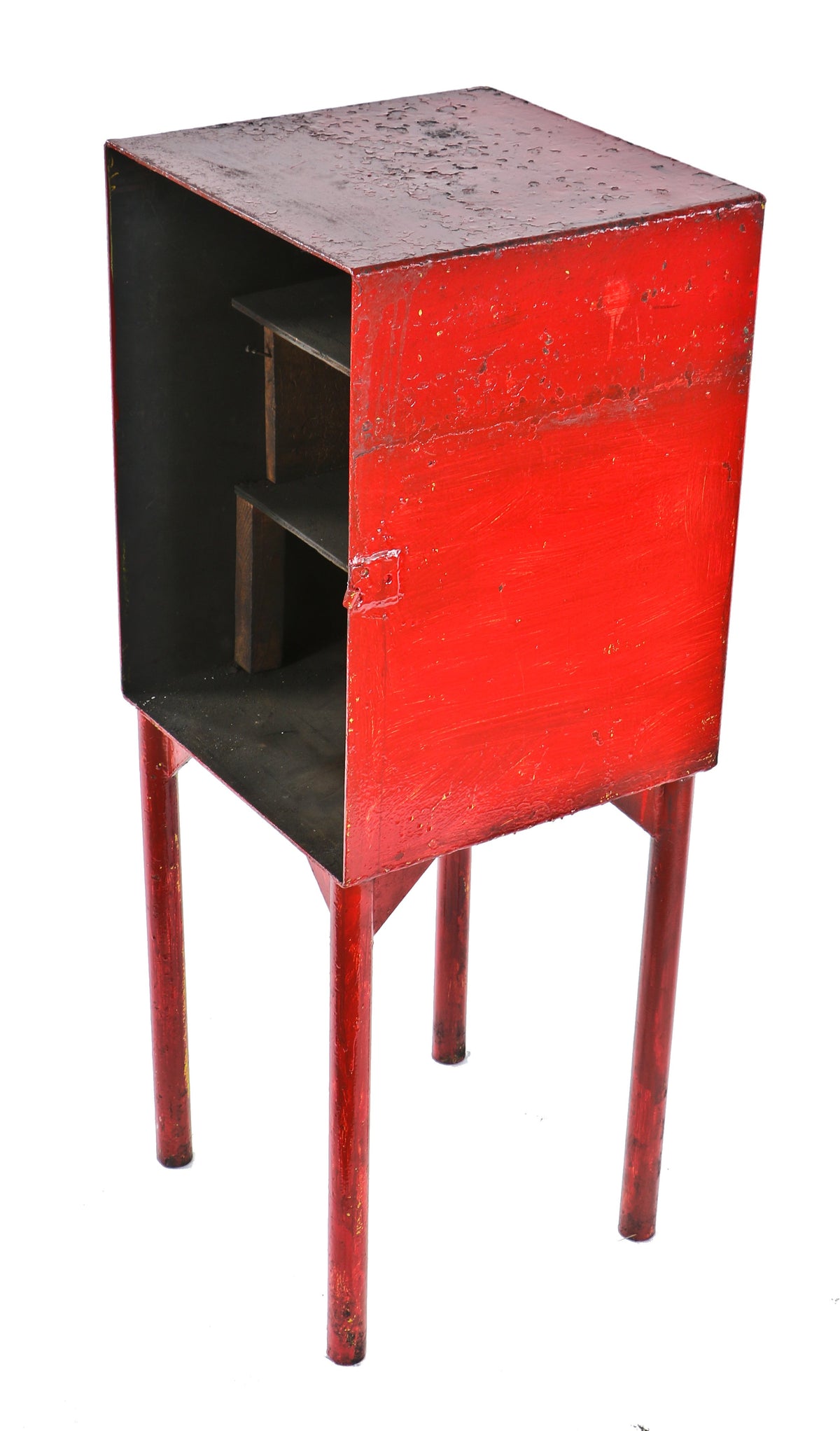 robust c 1930's american antique industrial custom-built red painted all-welded joint steel factory storage cabinet with tubular steel legs reinforced with gusset plates