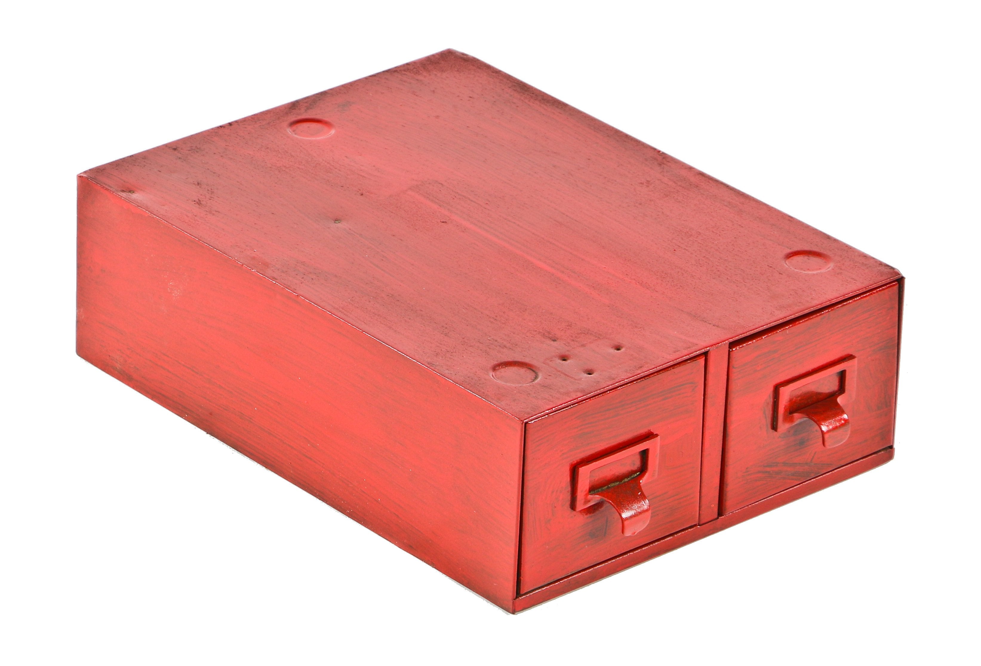 original c. 1940's red painted diminutive pressed and folded steel two drawer stackable filing cabinet with intact combination finger pulls and label holders
