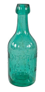 c. 1850's original and completely intact privy dug teal green glass mineral water iron pontiled bottle manufactured for andrew mcfarland of philadelphia, pa.