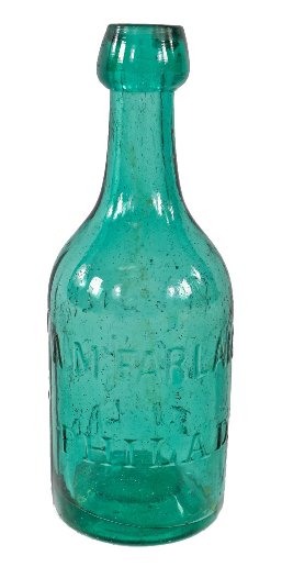 c. 1850's original and completely intact privy dug teal green glass mineral water iron pontiled bottle manufactured for andrew mcfarland of philadelphia, pa.