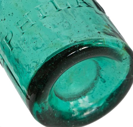 c. 1850's original and completely intact privy dug teal green glass mineral water iron pontiled bottle manufactured for andrew mcfarland of philadelphia, pa.
