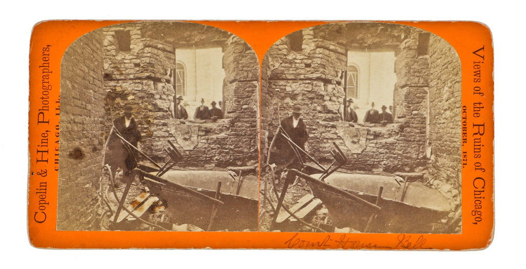 original 19th century antique american "views of the ruins of chicago" stereoview card depicting the chicago courthouse bronze bell surrounded by limestone walls