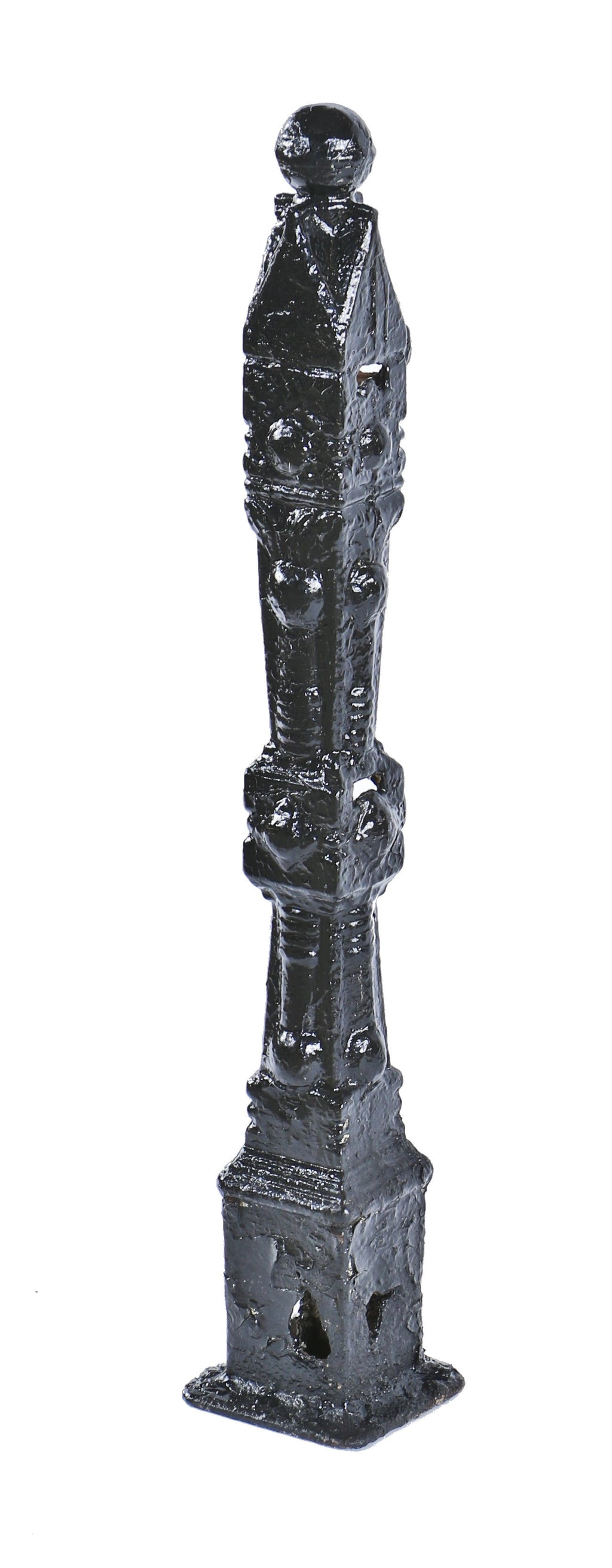 one of two matching 19th century antique american "chicago style" ornamental cast iron black enameled freestanding exterior newels posts with intact ball finial