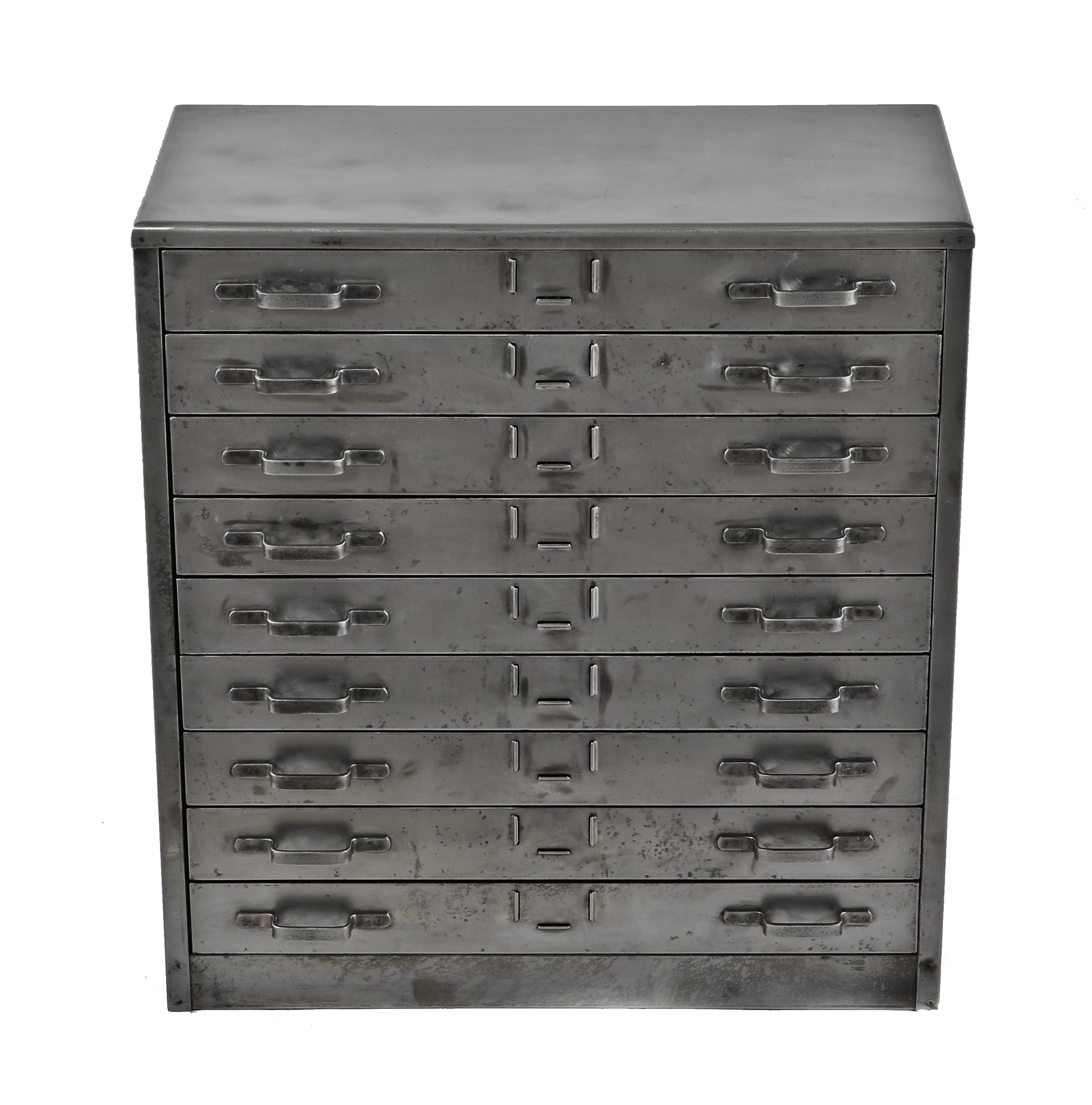 completely refinished robust c. 1930's antique american industrial nine drawer cold-rolled steel chicago foundry laboratory cabinet with opposed handles