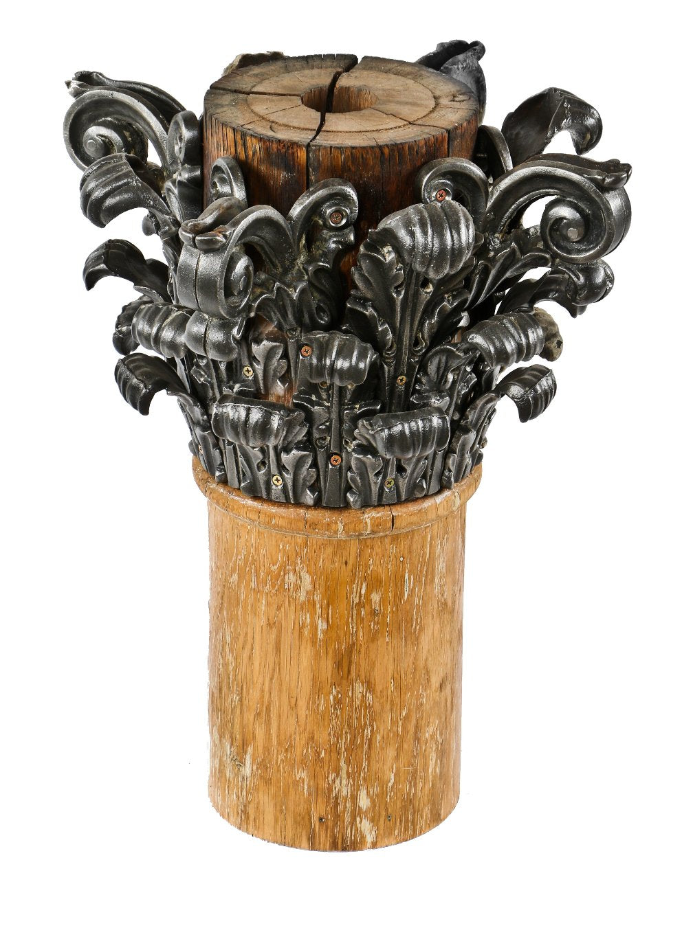 remarkable mid-1870's original and intact interior chicago commercial building corinthian style refinished cast iron capital with original oak wood post segment