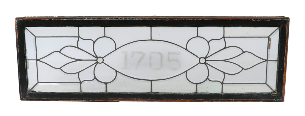 oversized original late 19th century all-bevel leaded glass exterior residential entrance door transom window with acid-etched address