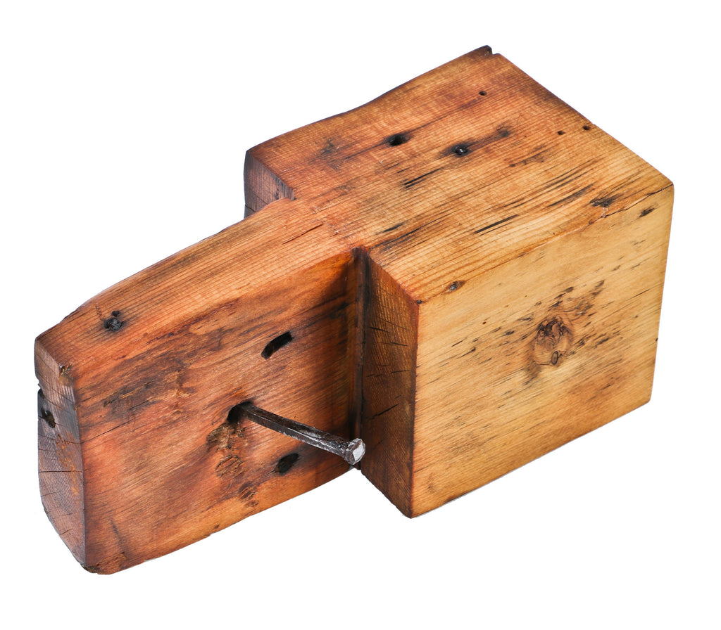 oversized circular-sawn 19th century decommissioned chicago balloon frame old growth pine wood structural sill plate beam segment with a hand-chiseled tenon