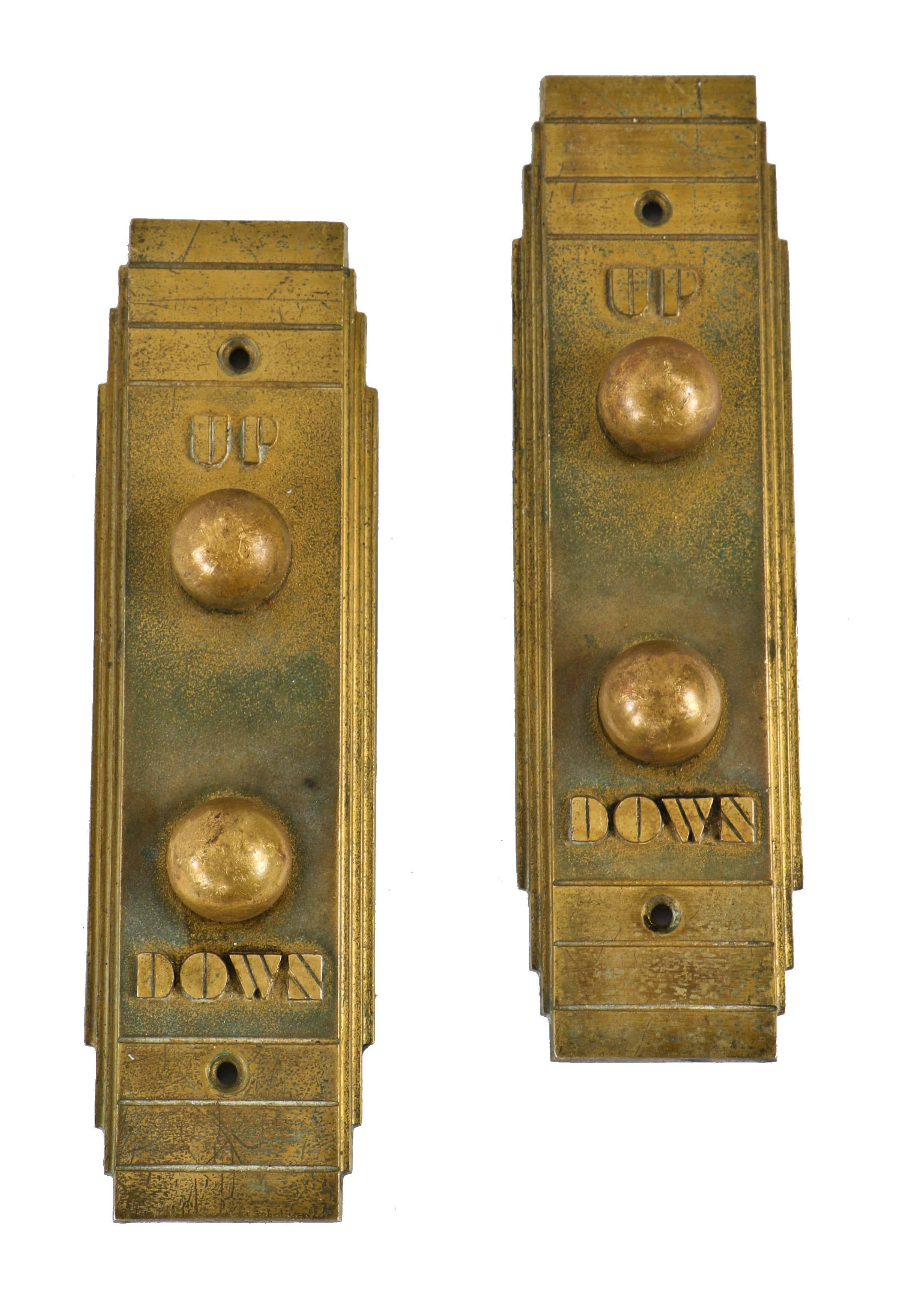 original historically-important c. 1933-34 chicago world's fair "sky ride" attraction cast bronze elevator up/down cab "call" push button plaques