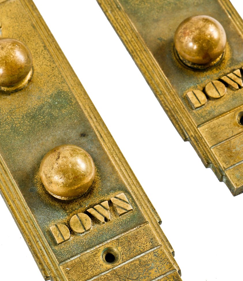 original historically-important c. 1933-34 chicago world's fair "sky ride" attraction cast bronze elevator up/down cab "call" push button plaques