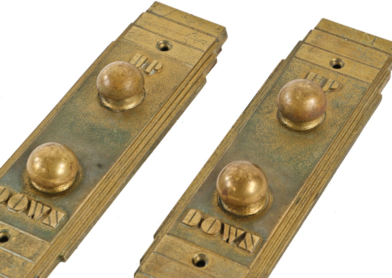 original historically-important c. 1933-34 chicago world's fair "sky ride" attraction cast bronze elevator up/down cab "call" push button plaques