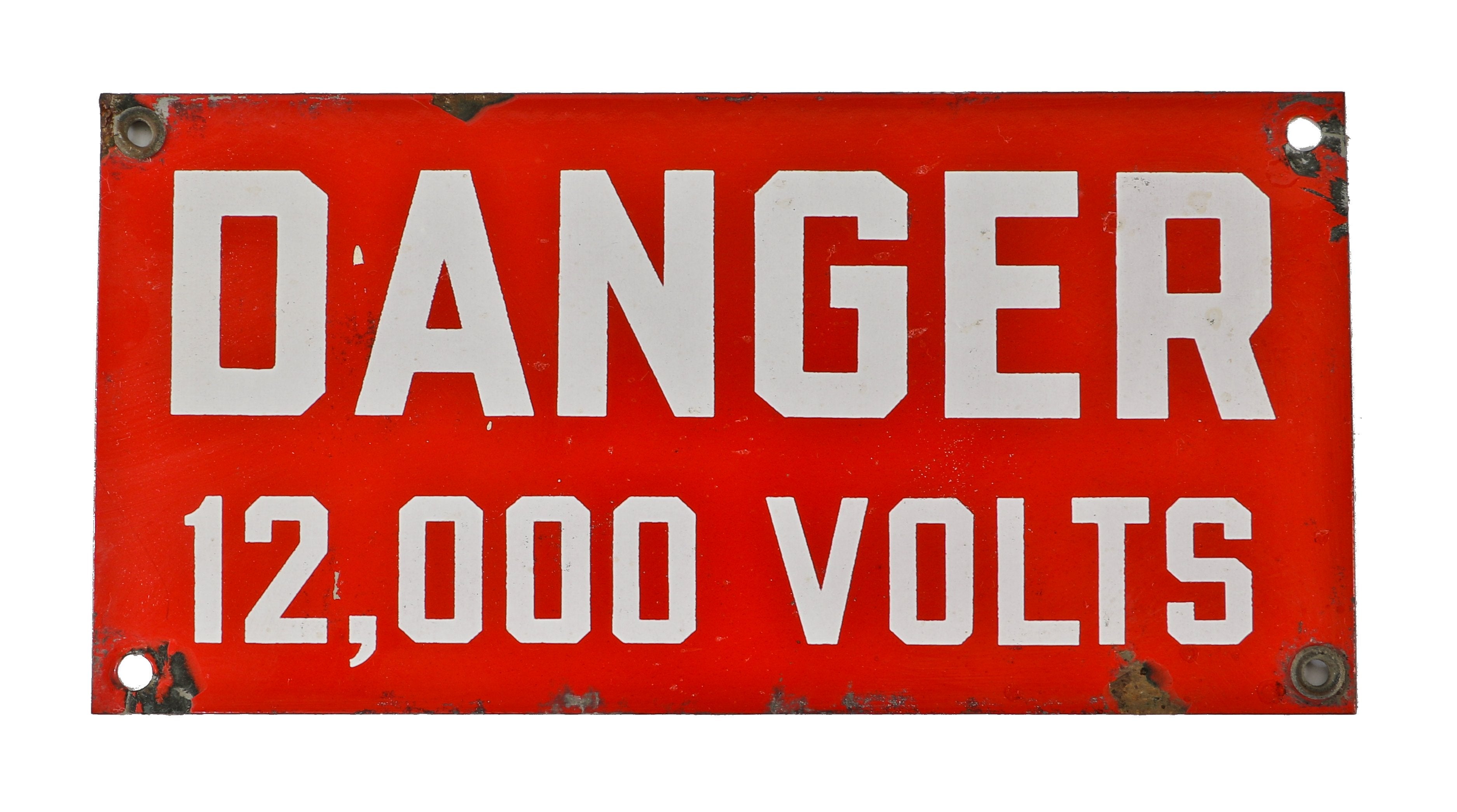 original late 1930's antique american single-sided cherry red porcelain enameled "12,000 volts" danger sign salvaged from the a. finkl foundry undergoing demolition