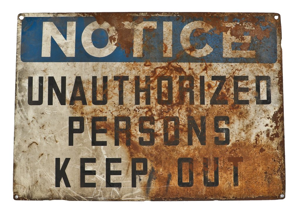 original vintage american industrial single-sided die cut enameled steel a. finkl & sons foundry "authorized personnel only" cautionary factory notice sign