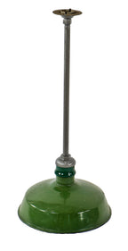 single c. 1930's american antique industrial green porcelain enameled cold-rolled steel pendant light fixture salvaged from a chicago foundry