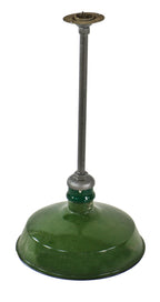 original antique american industrial green porcelain enameled single electric light fixture with intact ball and socket joint ceiling canopy and threaded steel post