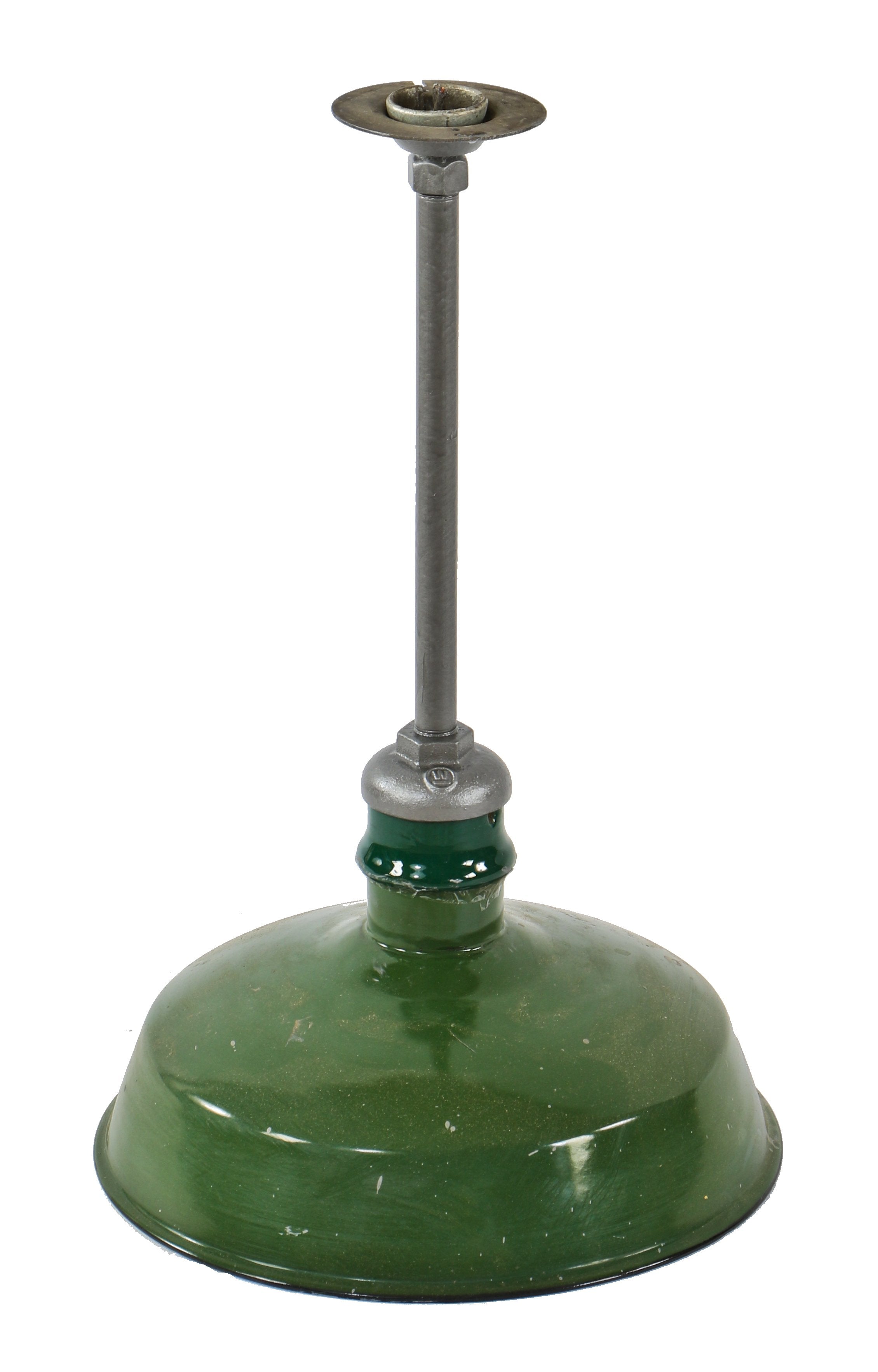 fully functional antique american industrial green porcelain enameled chicago foundry cold-rolled steel pendant light fixture with original pivoting ceiling canopy