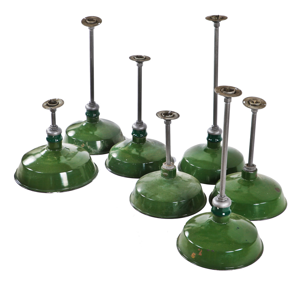 original antique american industrial green porcelain enameled single electric light fixture with intact ball and socket joint ceiling canopy and threaded steel post