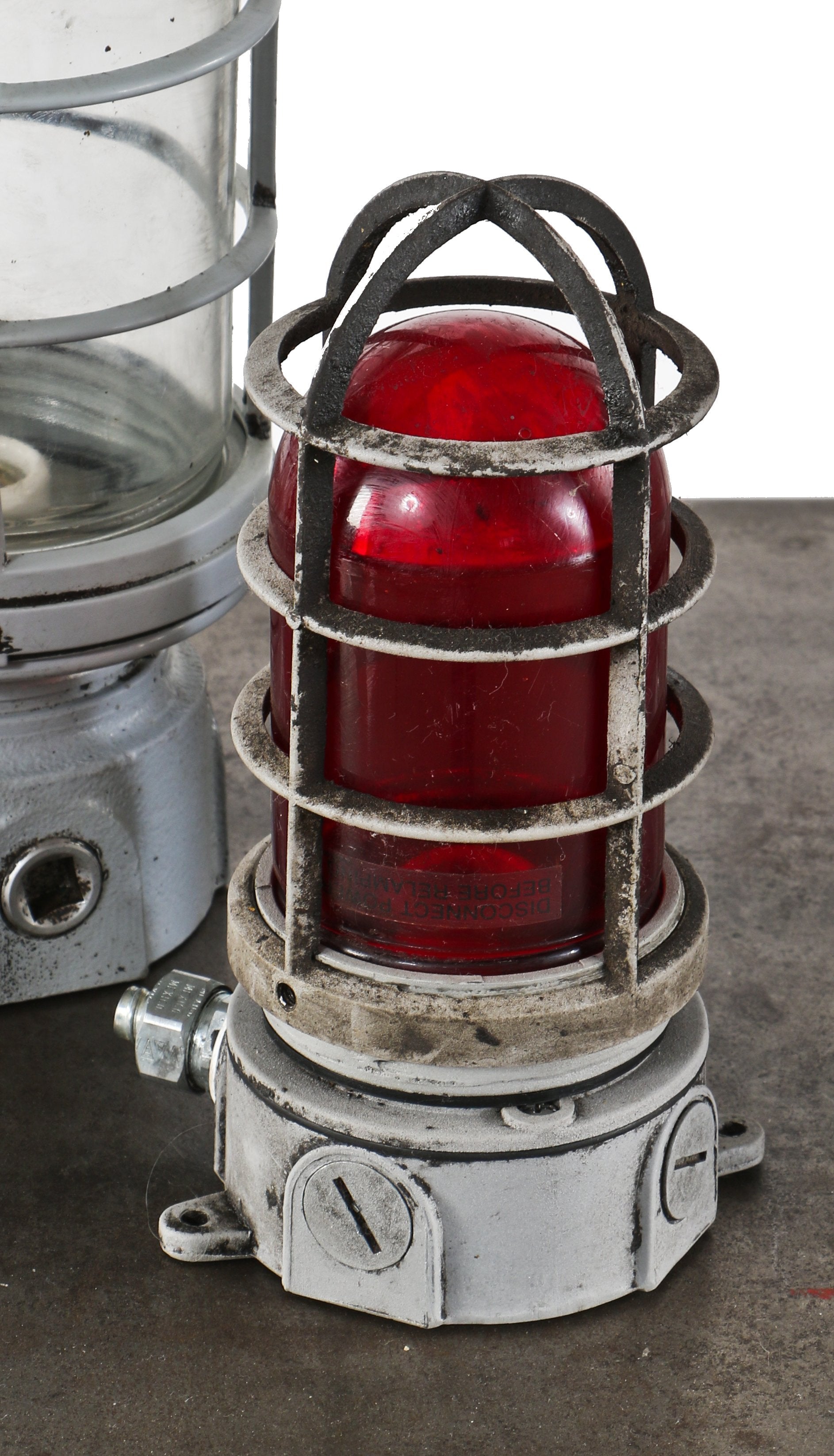 single early 1950's american industrial appleton "unilet" chicago foundry wall-mount vapor-proof wall sconce or pendant light with ruby red glass globe