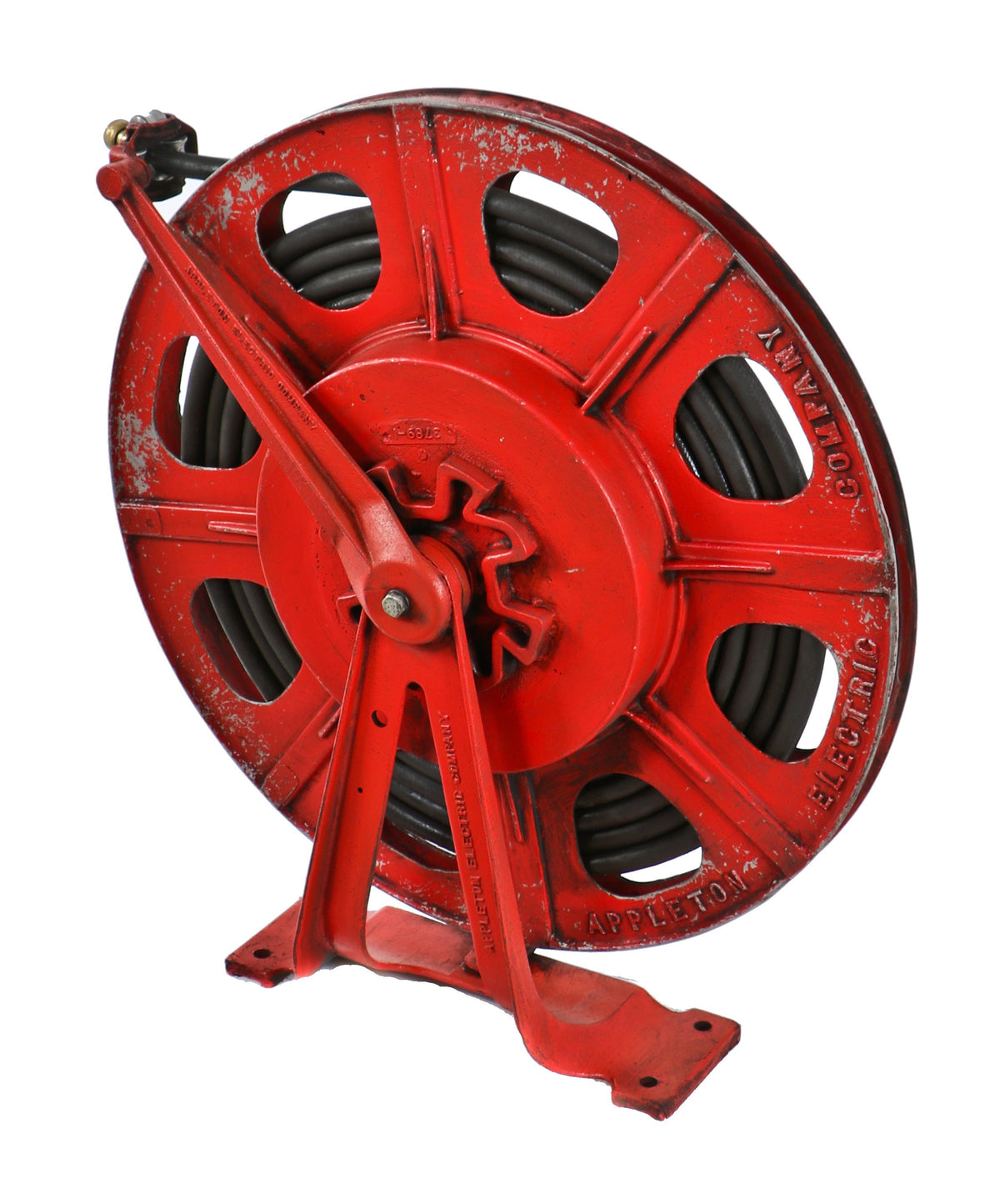 original oversized c. 1930's american industrial red enameled cast iron and aluminum wall-mount appleton "aireel" salvaged from a chicago foundry building