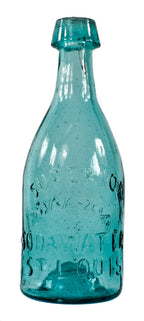 single mid-19th century antique american iron-pontiled aqua blue timmermann & co. "superior sodawater" glass st. louis privy dug bottle with applied tapered lip