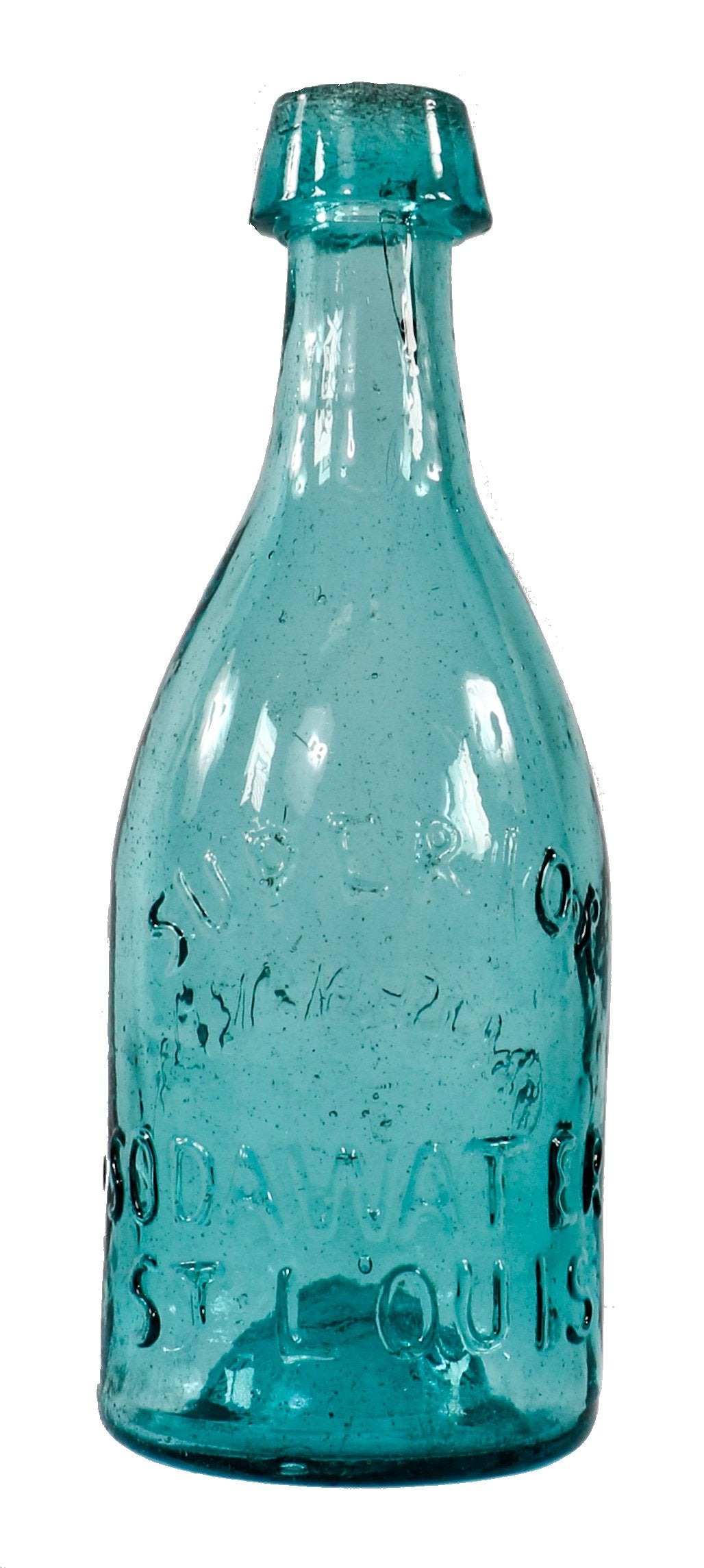 single mid-19th century antique american iron-pontiled aqua blue timmermann & co. "superior sodawater" glass st. louis privy dug bottle with applied tapered lip