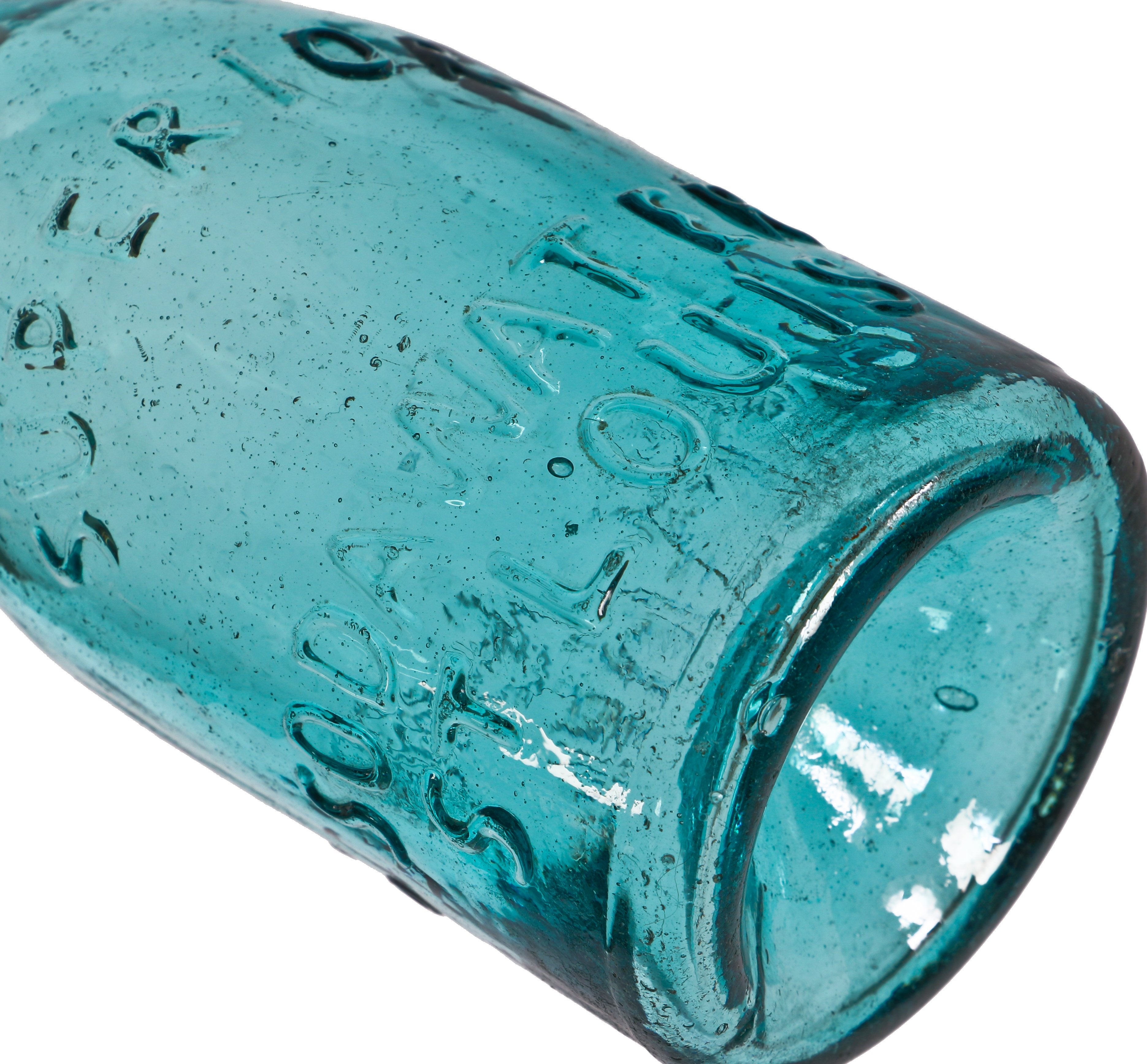 single mid-19th century antique american iron-pontiled aqua blue timmermann & co. "superior sodawater" glass st. louis privy dug bottle with applied tapered lip