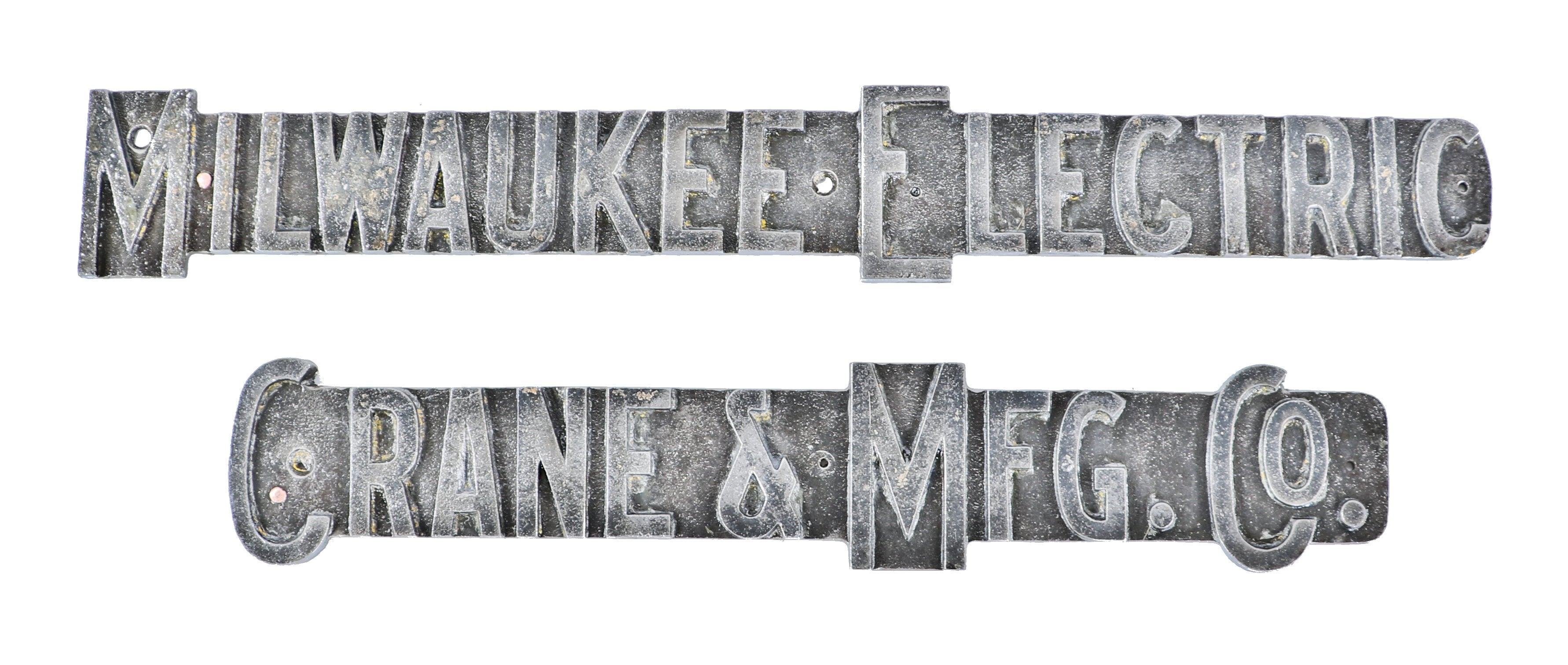 early 1930's antique american industrial 30-ton electric-powered "milwaukee crane" cast iron bridge or gantry crane manufacturer plaques salvaged from a prominent chicago foundry