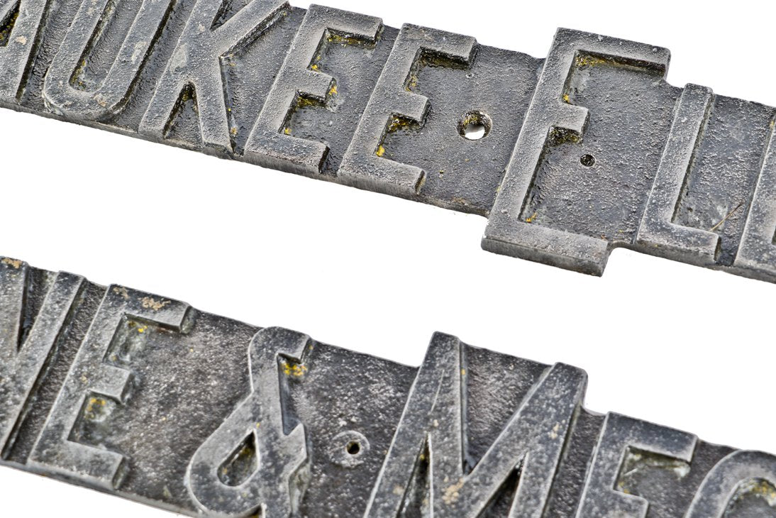 early 1930's antique american industrial 30-ton electric-powered "milwaukee crane" cast iron bridge or gantry crane manufacturer plaques salvaged from a prominent chicago foundry