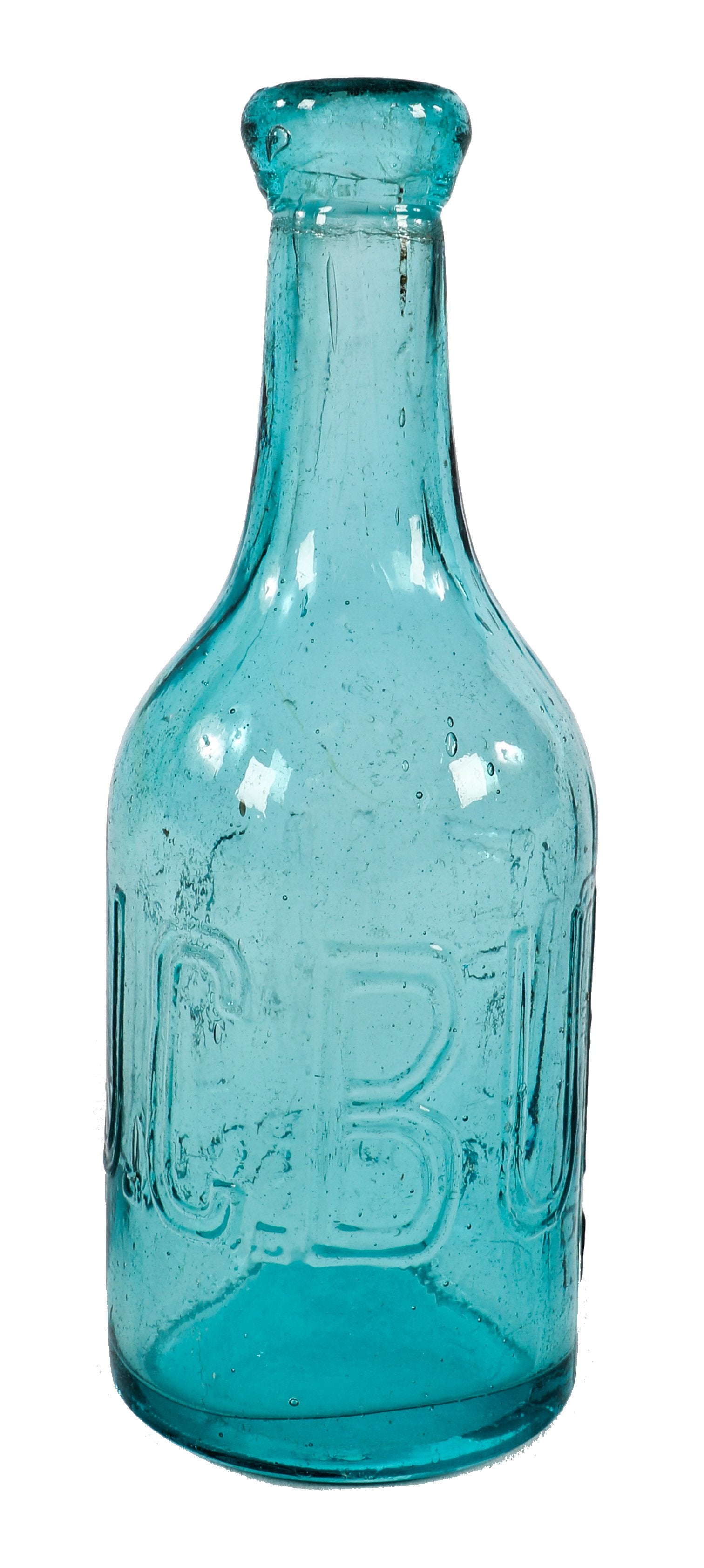 single all original c. 1850's privy dug blue aqua glass porter style soda or mineral water bottle with inverted tapered lip manufactured by joseph curtis buffum in pittsburgh, pa.