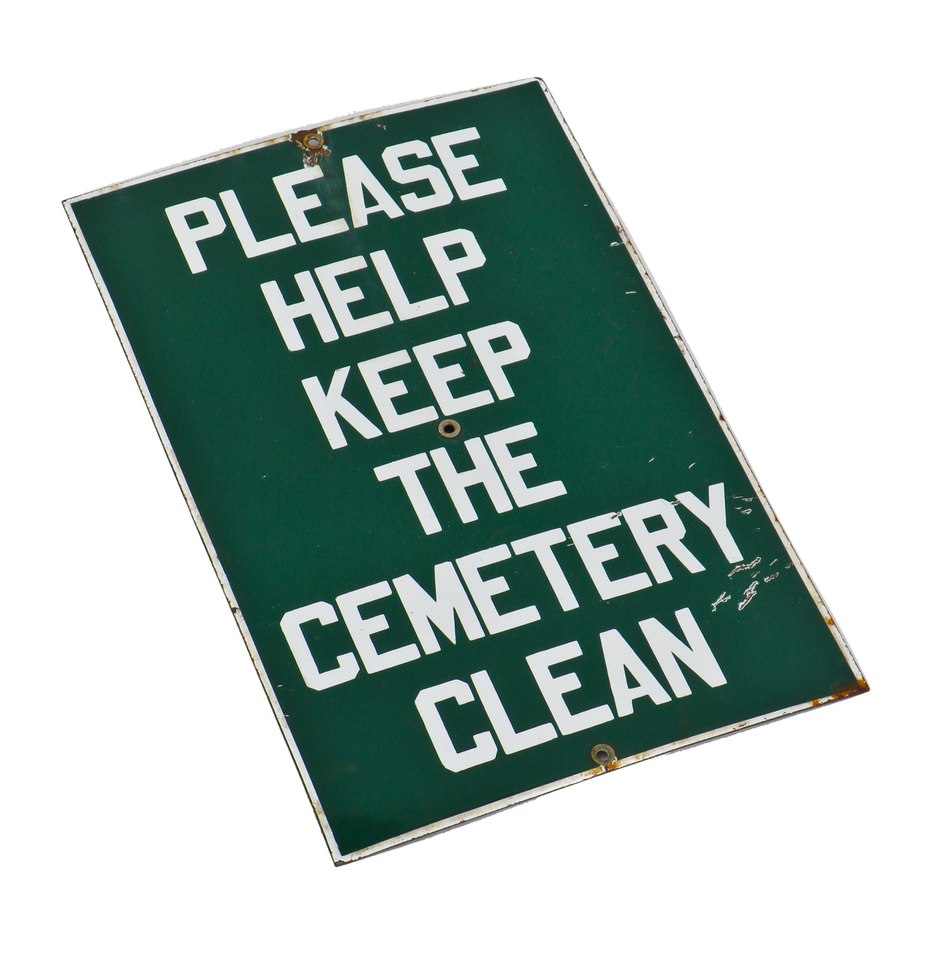 very unique and unusual c. 1930's american depression era single-sided heavy gauge steel green porcelain or vitreous enameled cemetery informational sign