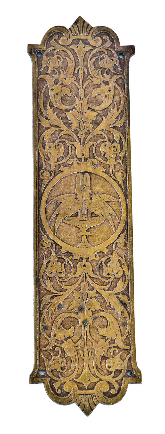 all original and highly sought after c. 1870's heavily ornamented cast bronze american victorian era interior residential swinging door figural push plate