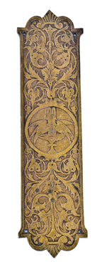 all original and highly sought after c. 1870's heavily ornamented cast bronze american victorian era interior residential swinging door figural push plate