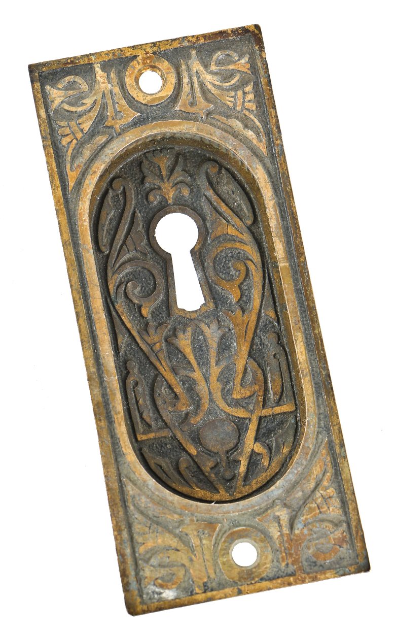 single all original 19th century antique american ornamental cast iron interior residential pocket door backplate or escutcheon with largely intact brass-plated finish