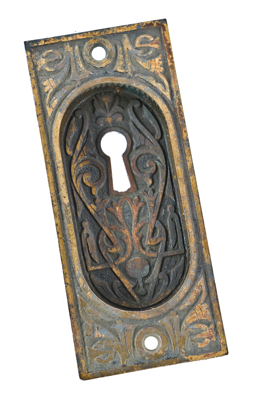 late 19th century original single interior ornamental cast iron american victorian era residential pocket door backplate or escutcheons with largely intact brass-plated finish