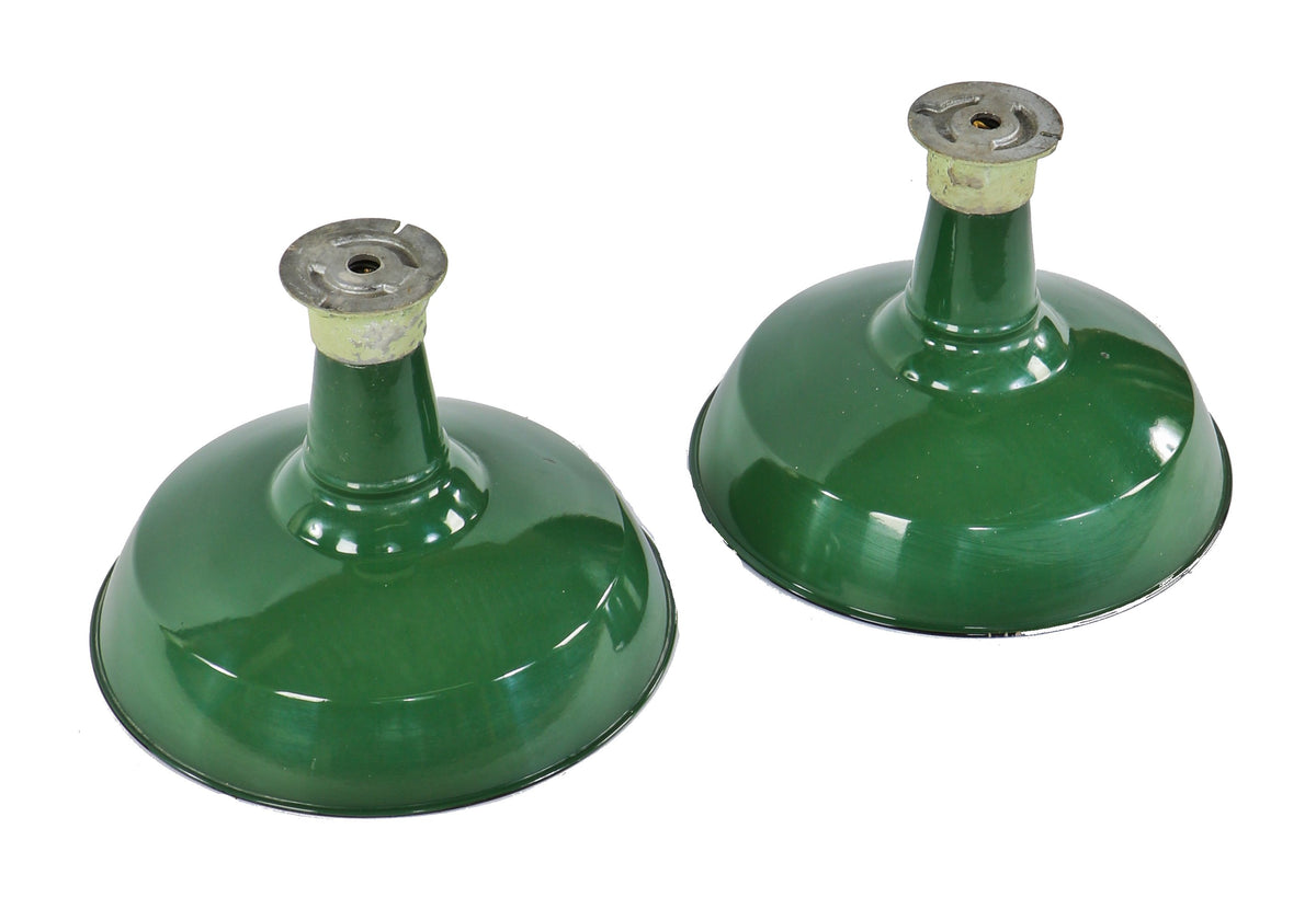 original c. 1930's american antique industrial green porcelain enameled cold-rolled steel reflectors salvaged from a chicago foundry undergoing demolition