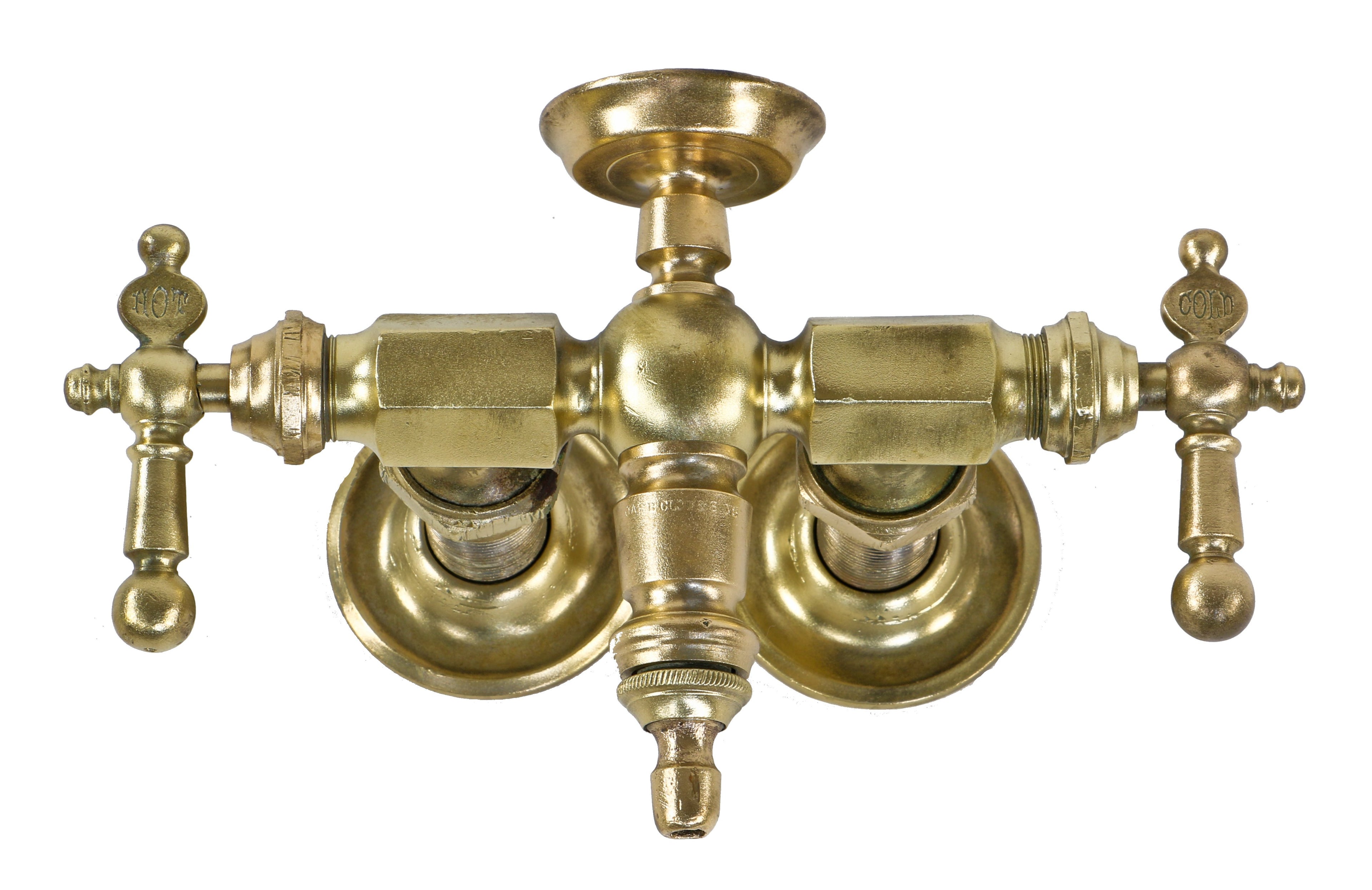 all original late 19th century basin tap bathroom or lavatory double cock "hot" and "cold" faucets handles comprised of cast brass with diminutive dish and circular rosettes