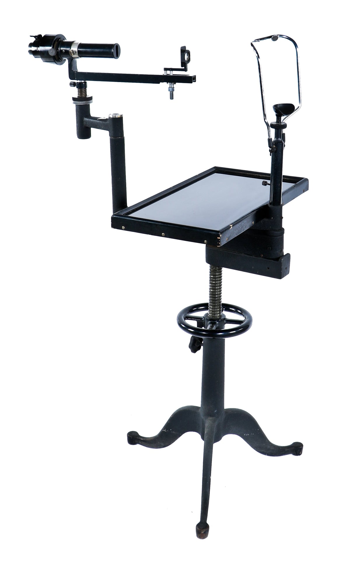 original c. 1930's-1940's american vintage medical b & l ophthalmic testing device workstation with cabriole style three-legged adjustable height table